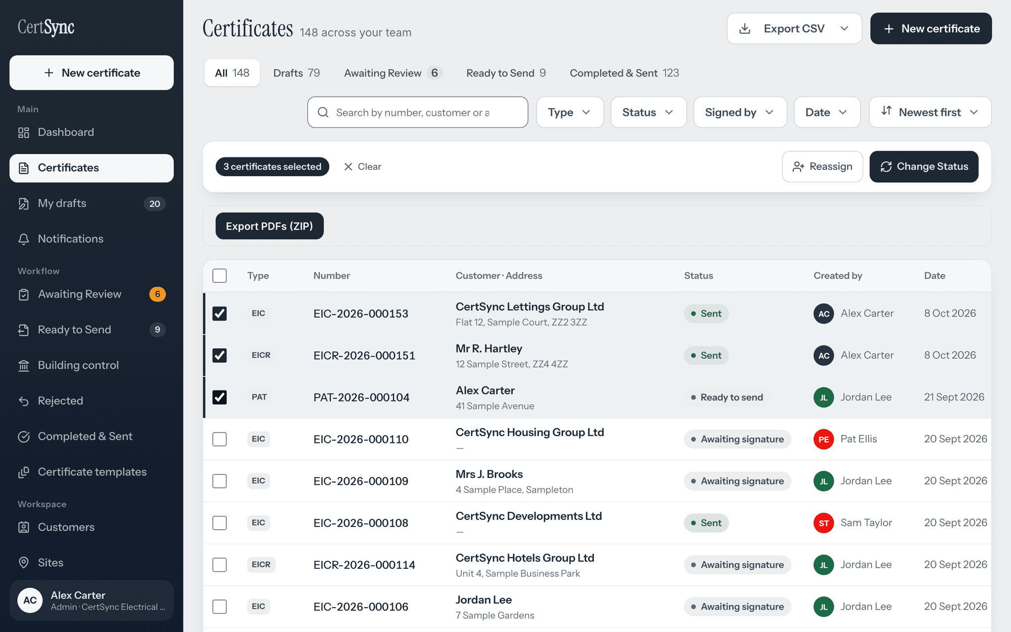 The CertSync certificates list on a laptop with an EIC, an EICR and a PAT certificate ticked, a bar reading 3 certificates selected with Clear, Reassign and Change Status, and an Export PDFs (ZIP) button above the table.