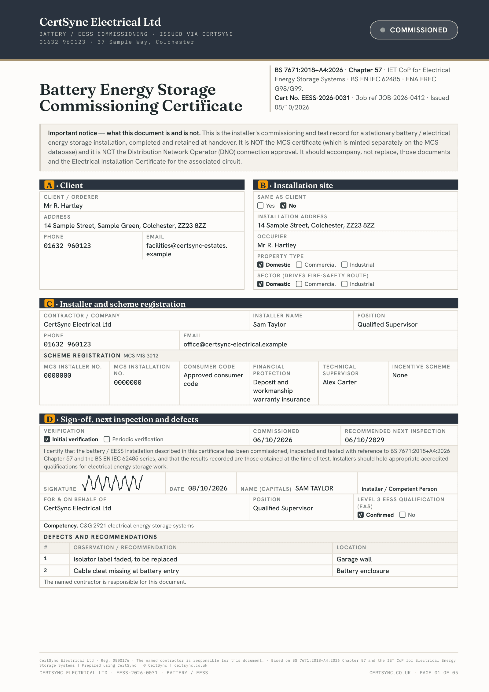 First page of a Battery Energy Storage Commissioning Certificate showing the client and site, installer and scheme registration, the signed commissioning declaration and two recorded defects.