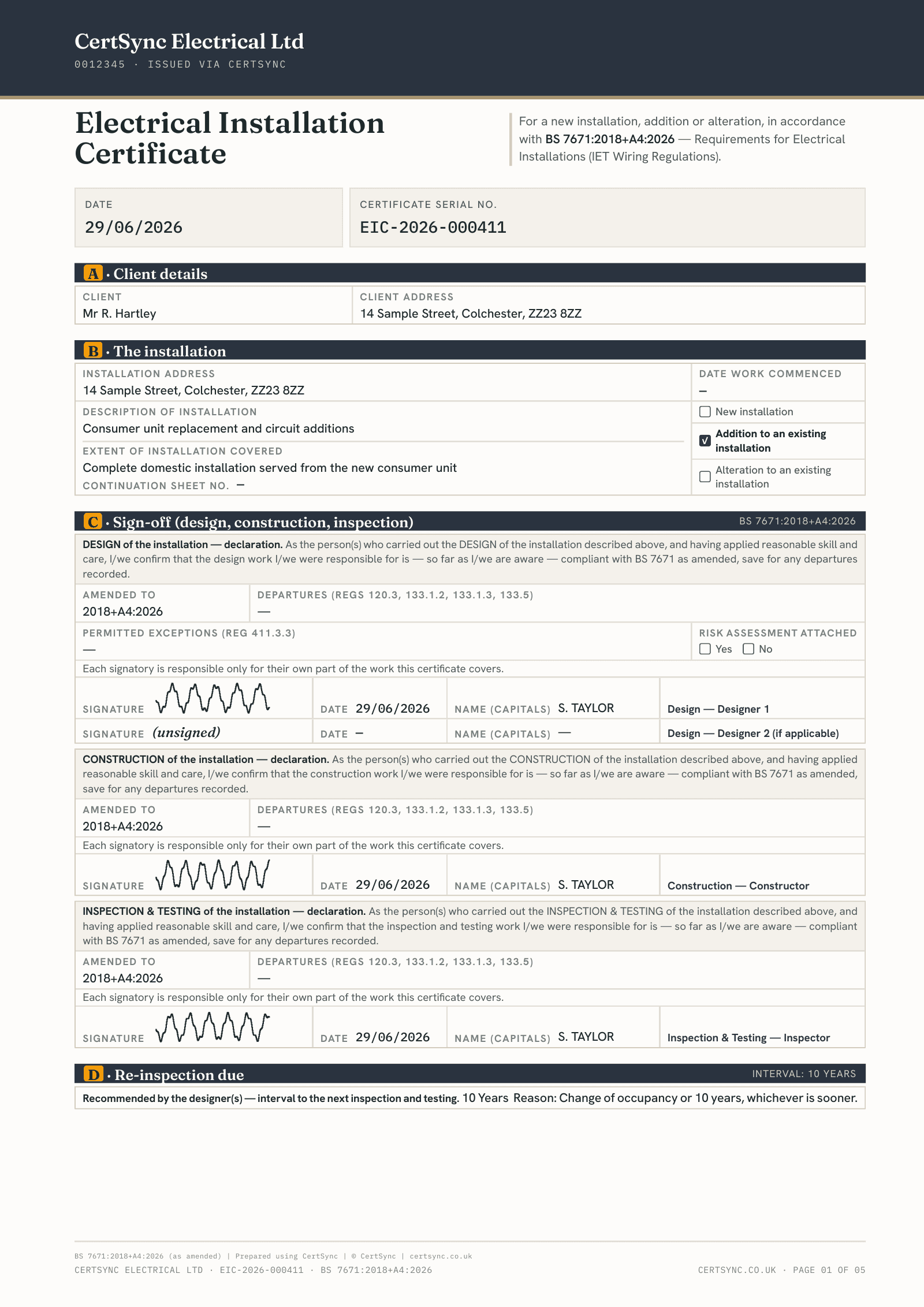 First page of a signed Electrical Installation Certificate showing the client and installation details, the description of the work, and the design, construction and inspection sign-off with signatures, ending with the re-inspection interval.