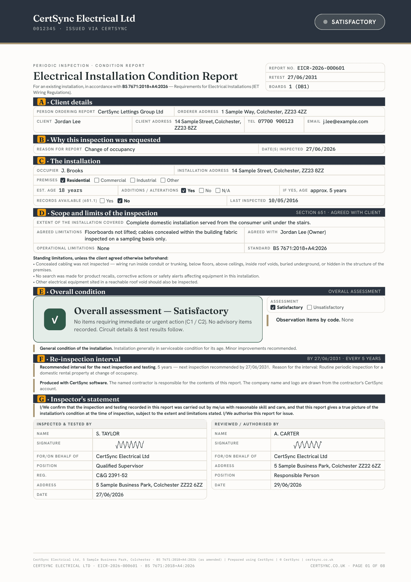 First page of an Electrical Installation Condition Report with a Satisfactory overall assessment, the client and installation details, the agreed scope and limitations, the re-inspection interval and the signed inspector’s statement.