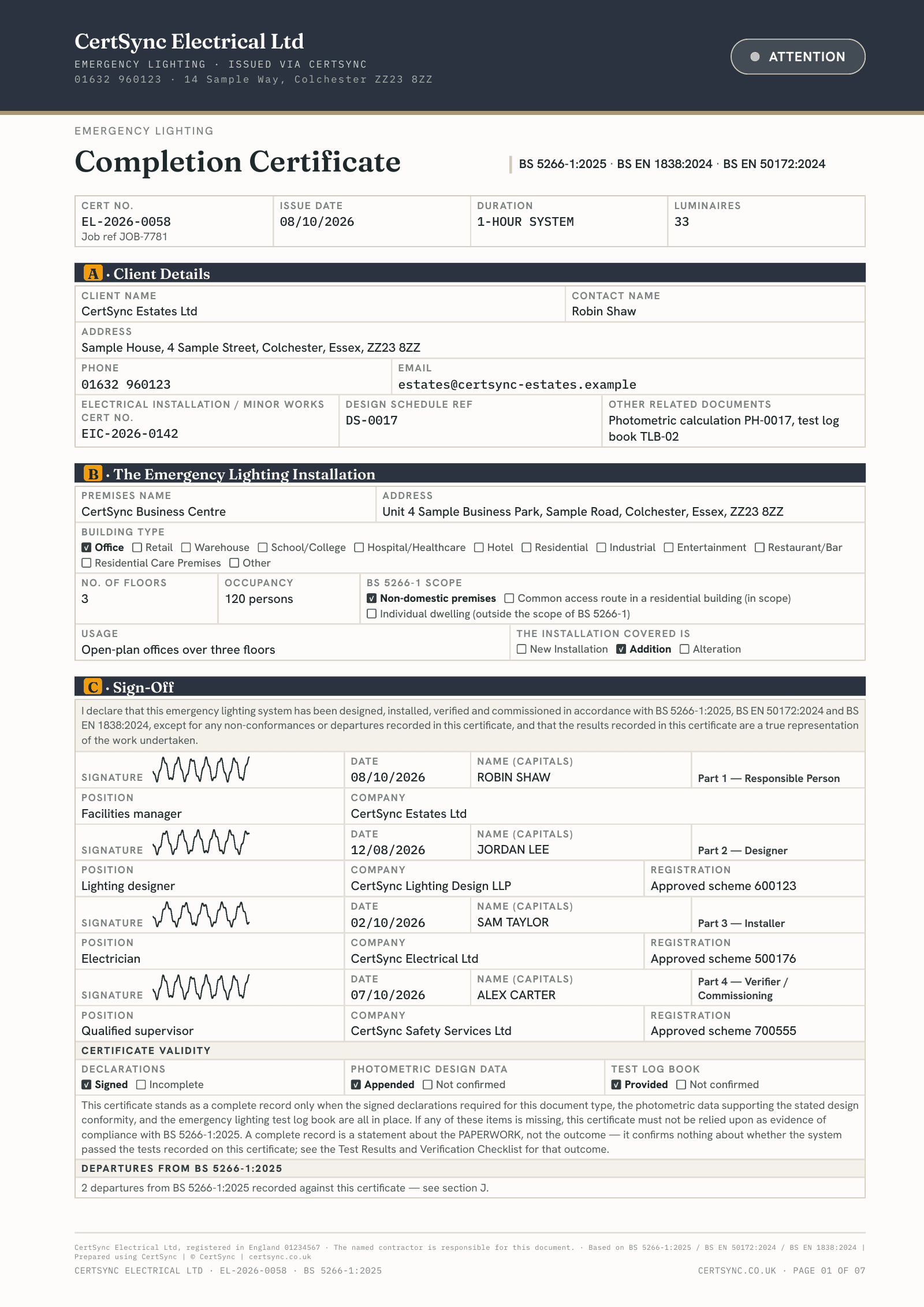 First page of an emergency lighting Completion Certificate showing the client and premises details, the building and scope, and the four signed parts from responsible person to verifier.