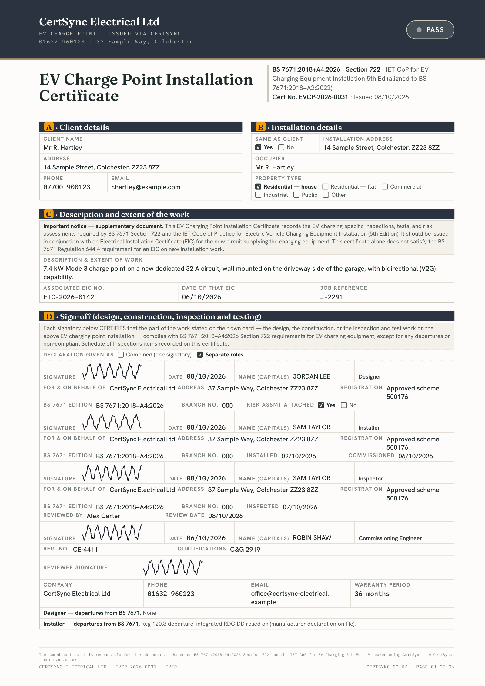 First page of an EV Charge Point Installation Certificate showing client and installation details, the description of the work and the signed design, installation, inspection and commissioning roles.