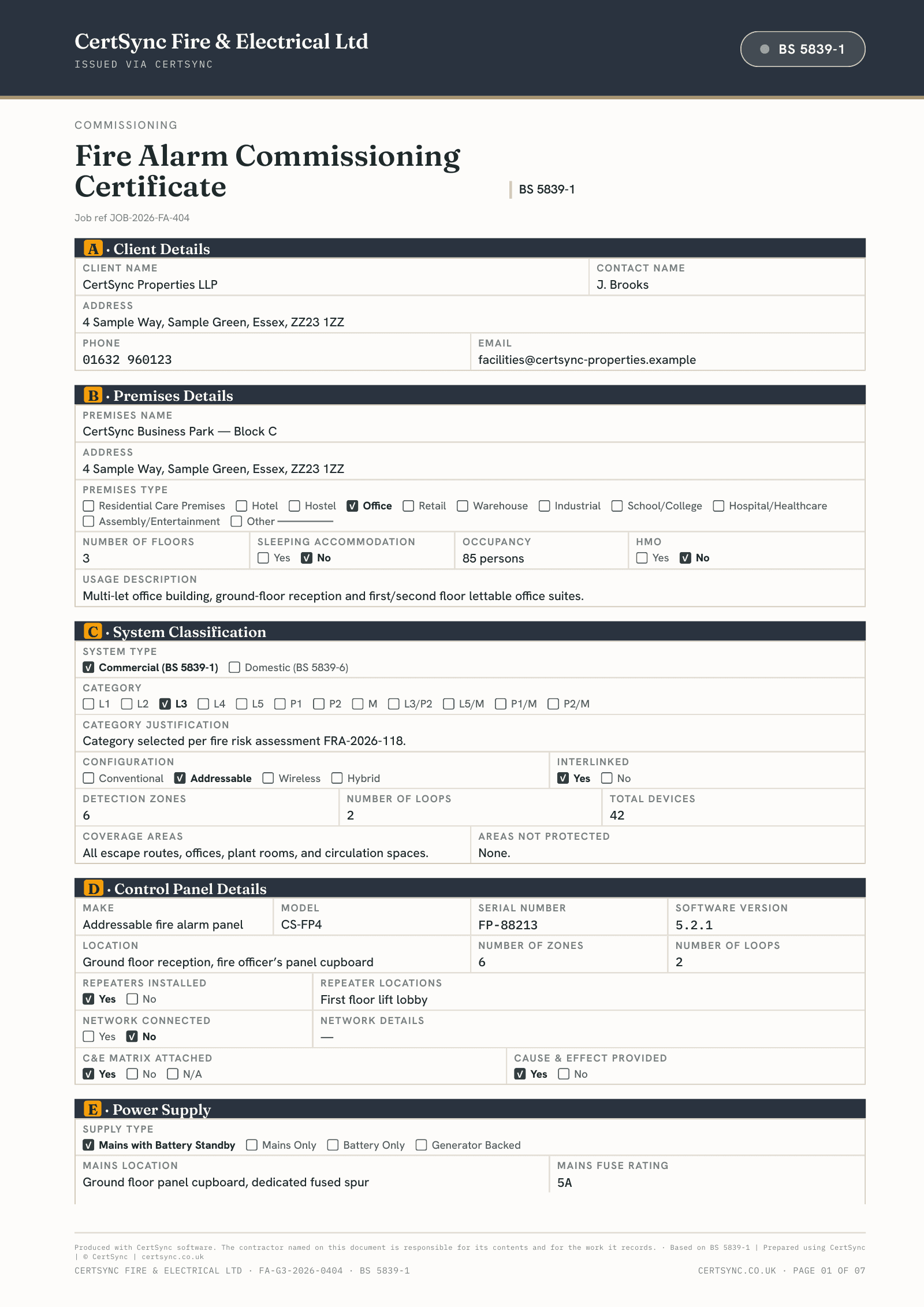 First page of a BS 5839-1 Fire Alarm Commissioning Certificate for an office building, showing client and premises details, the L3 addressable system classification, the control panel and the power supply.