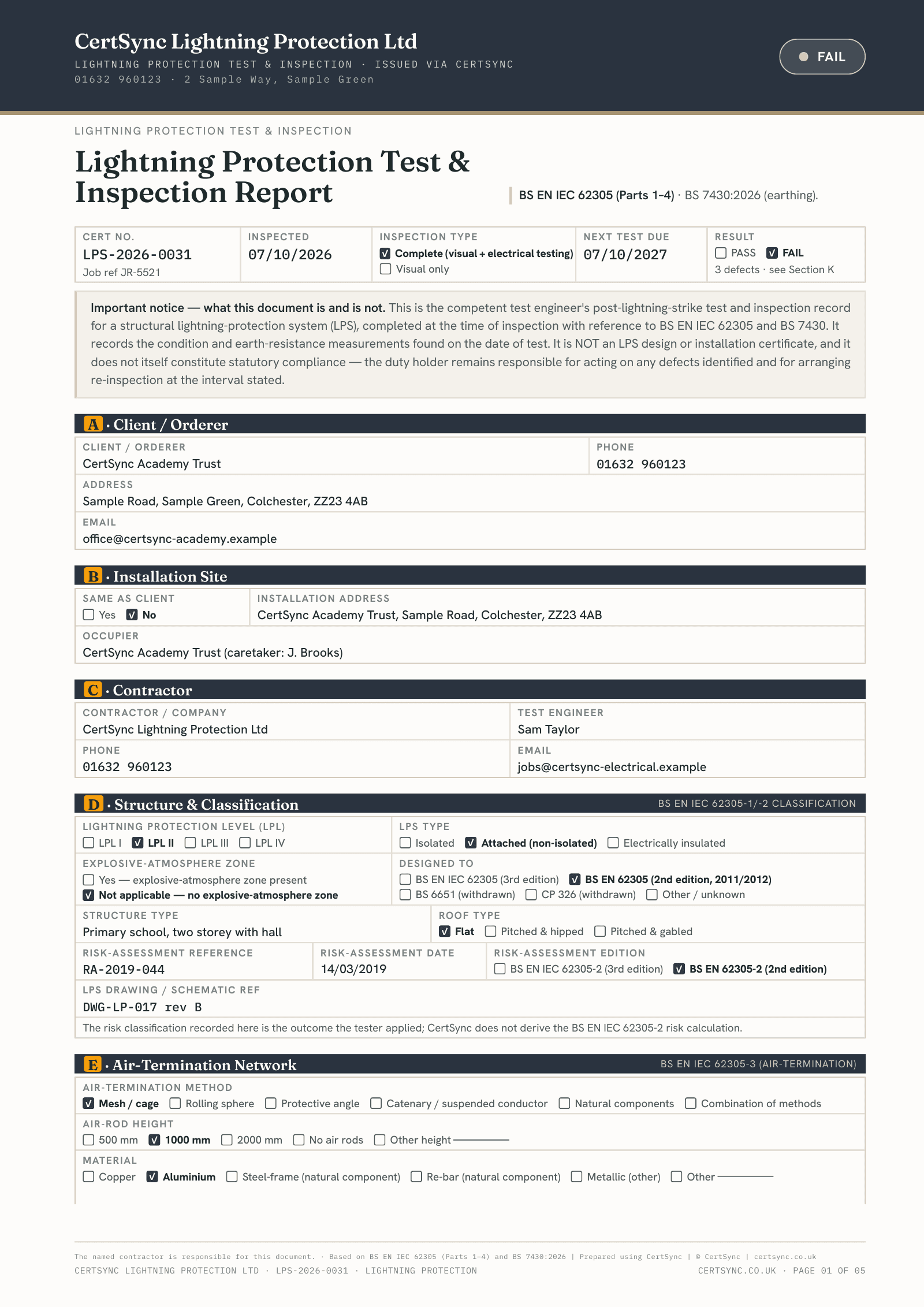 First page of a Lightning Protection Test and Inspection Report showing the result, client and site, the contractor, the structure and protection level, and the air-termination network.