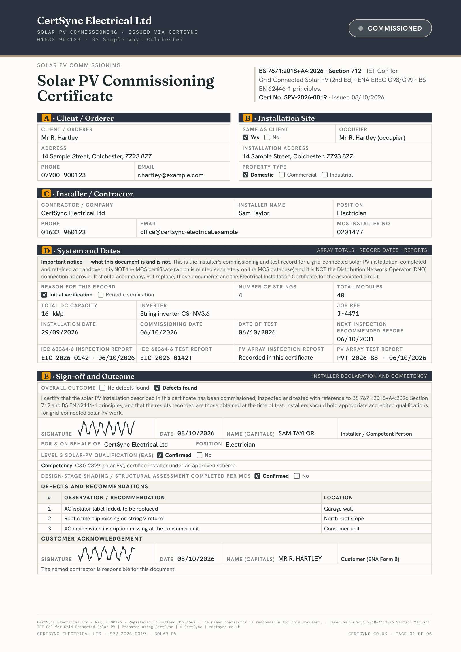 First page of a Solar PV Commissioning Certificate showing client, site and installer details, the system and dates, the signed installer declaration, three defects and the customer acknowledgement.