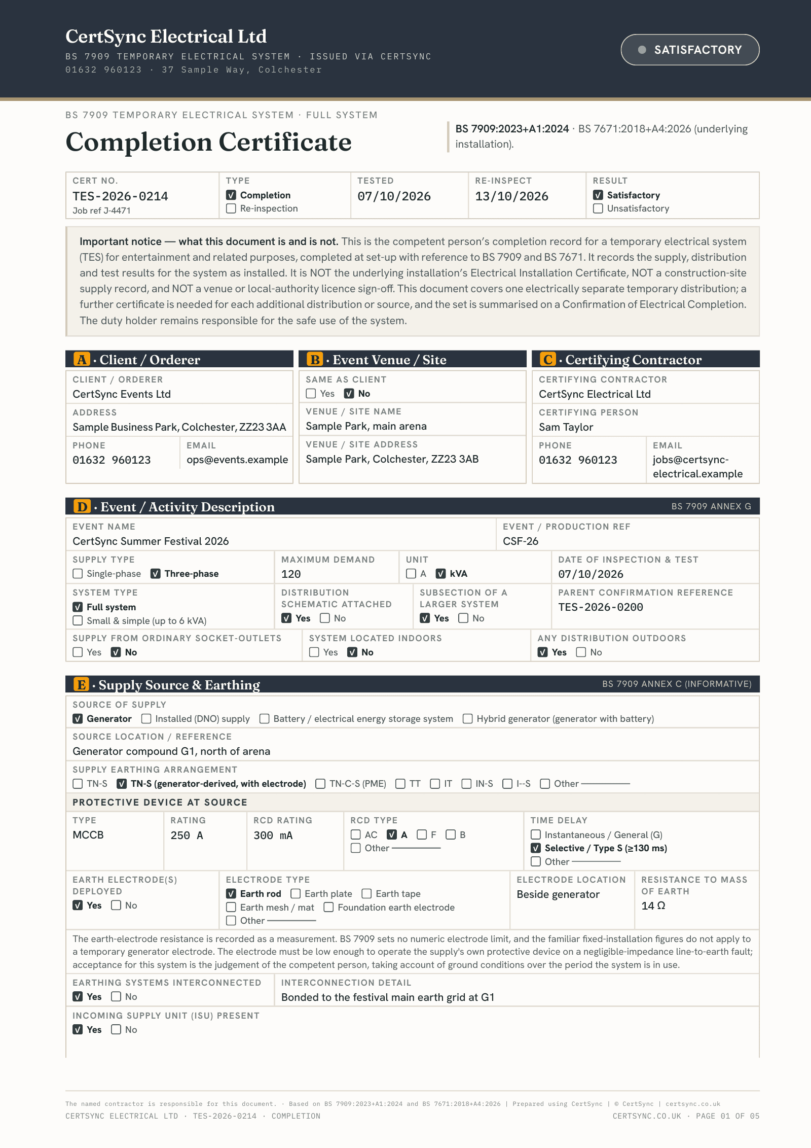 First page of a BS 7909 temporary electrical system Completion Certificate showing the client, event venue and contractor, the event and supply details, and the generator source and earthing.