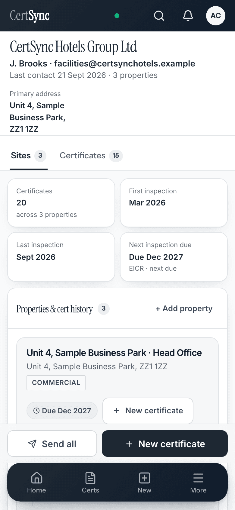 The same example customer record on a phone: contact and primary address at the top, Sites and Certificates tabs, inspection summary cards and a site card with a New certificate button.