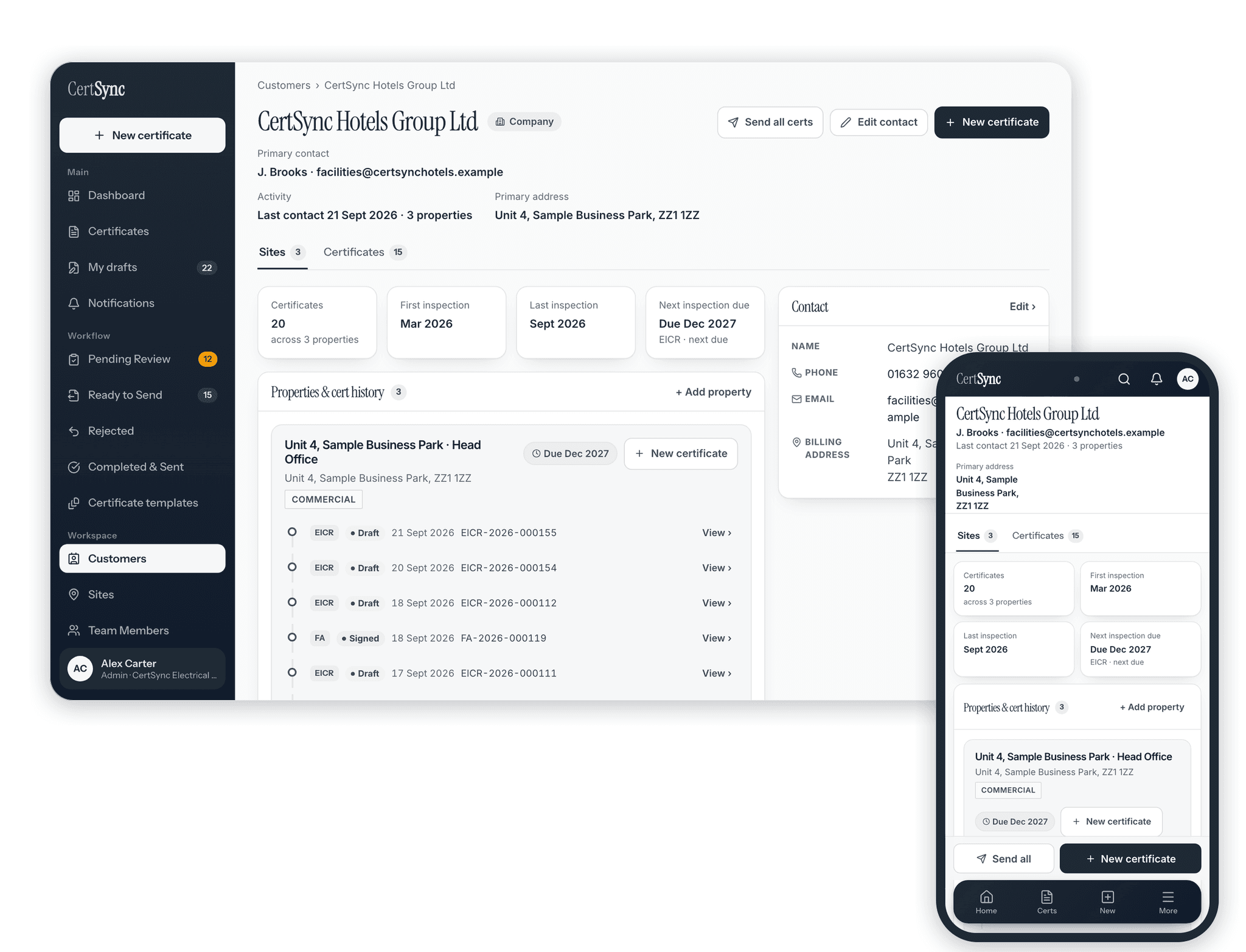 An example customer record, a hotel group, open in CertSync on a laptop and a phone: the primary contact and address, a summary of certificates and inspection dates, and the list of properties with their certificate history.