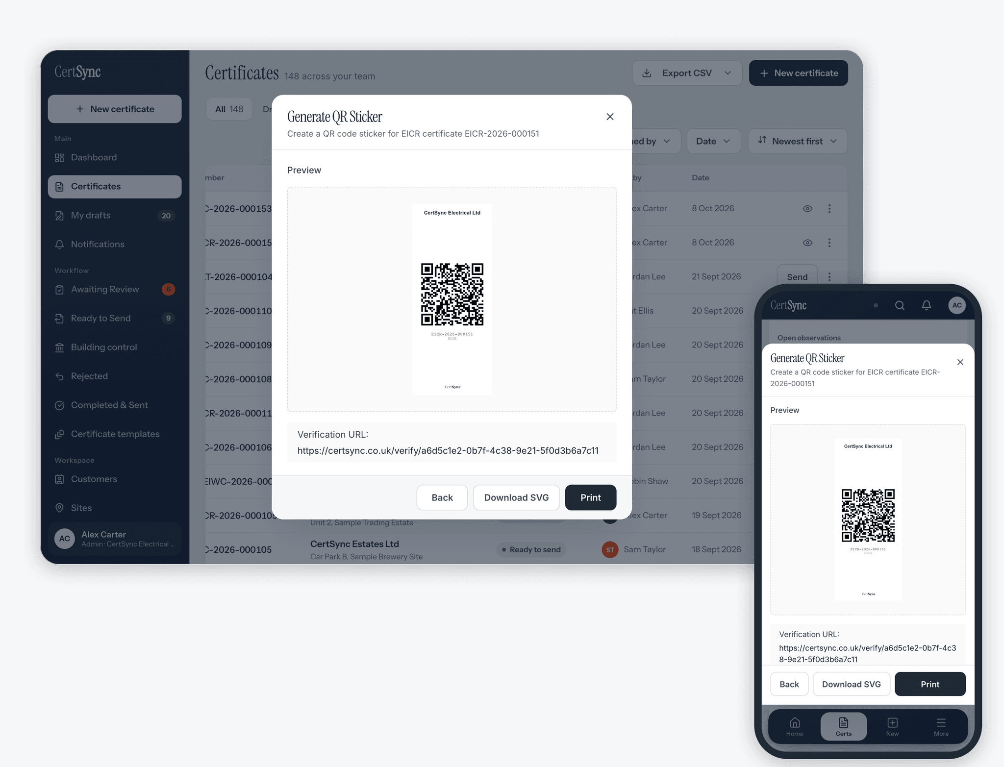 A QR sticker preview for EICR-2026-000151 on a laptop and a phone: a label with CertSync Electrical Ltd, the QR code and the certificate number, the verification link written out beneath it, and Back, Download SVG and Print buttons.