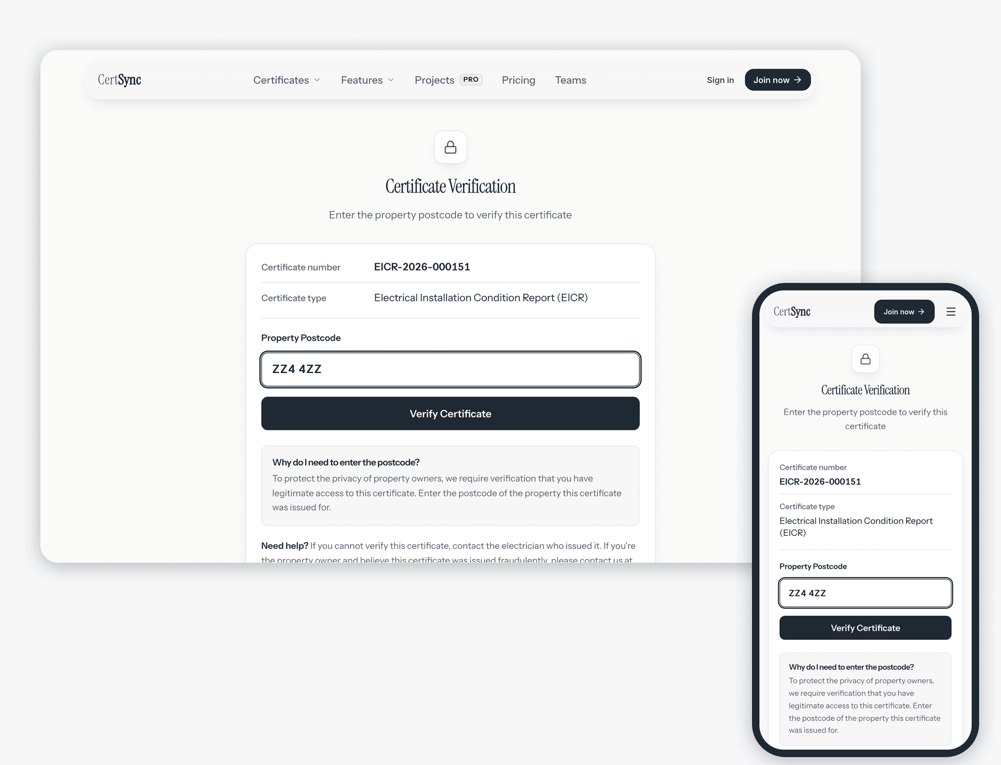 The public Certificate Verification page on a laptop and a phone for EICR-2026-000151, an Electrical Installation Condition Report, with the property postcode ZZ4 4ZZ typed in above a Verify Certificate button.