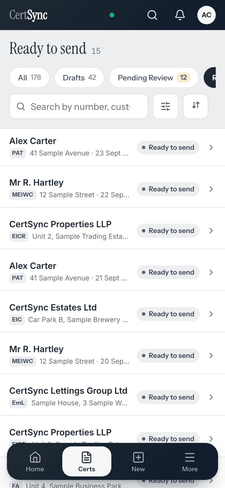 The Ready to send list on a phone: certificate cards for customers such as Alex Carter, Mr R. Hartley and CertSync Properties LLP, each with its type, address and a Ready to send status, above the bottom navigation bar.