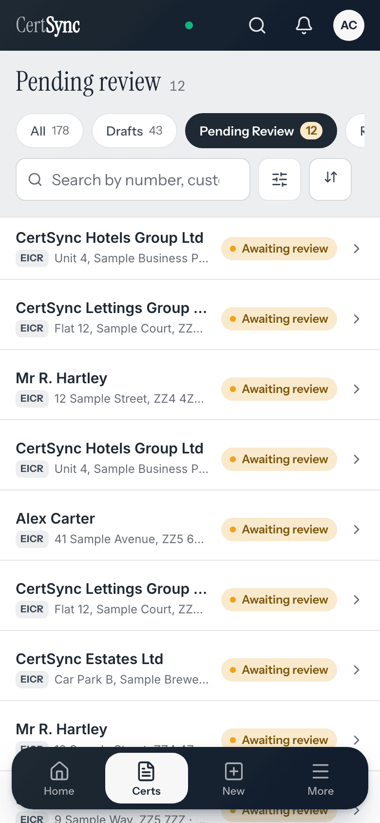 The Pending review queue on a phone: a list of EICRs marked Awaiting review, with search, filter and sort controls and the app bottom bar.