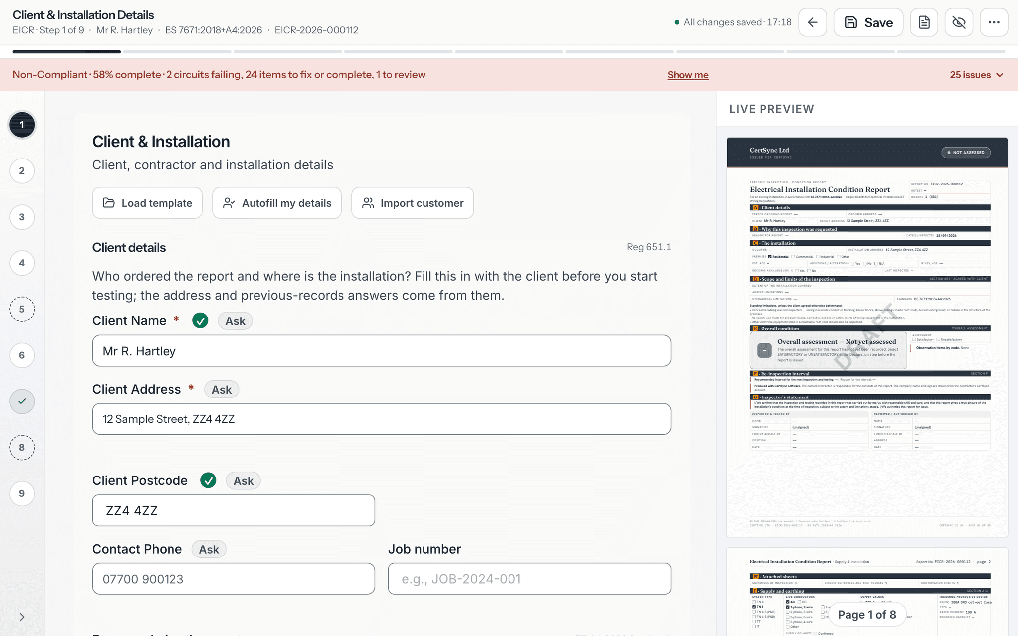 An EICR open in CertSync on a laptop: the client and installation form on the left and the Live Preview panel on the right showing page 1 of the certificate with the client name and address already filled in, a DRAFT mark across it and a "Page 1 of 8" counter.