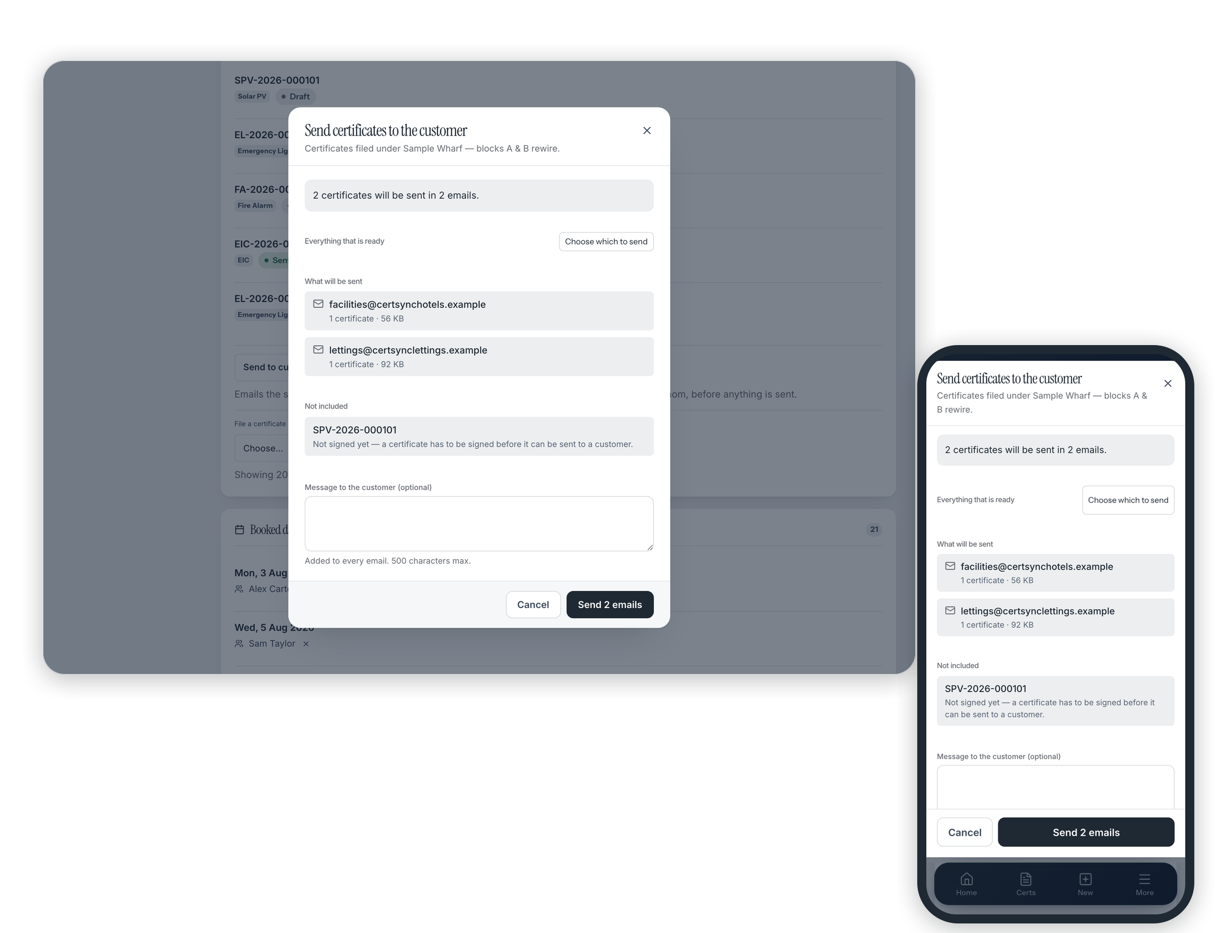 The send plan on a laptop and a phone: signed certificates going to the customer, and drafts listed as not included.