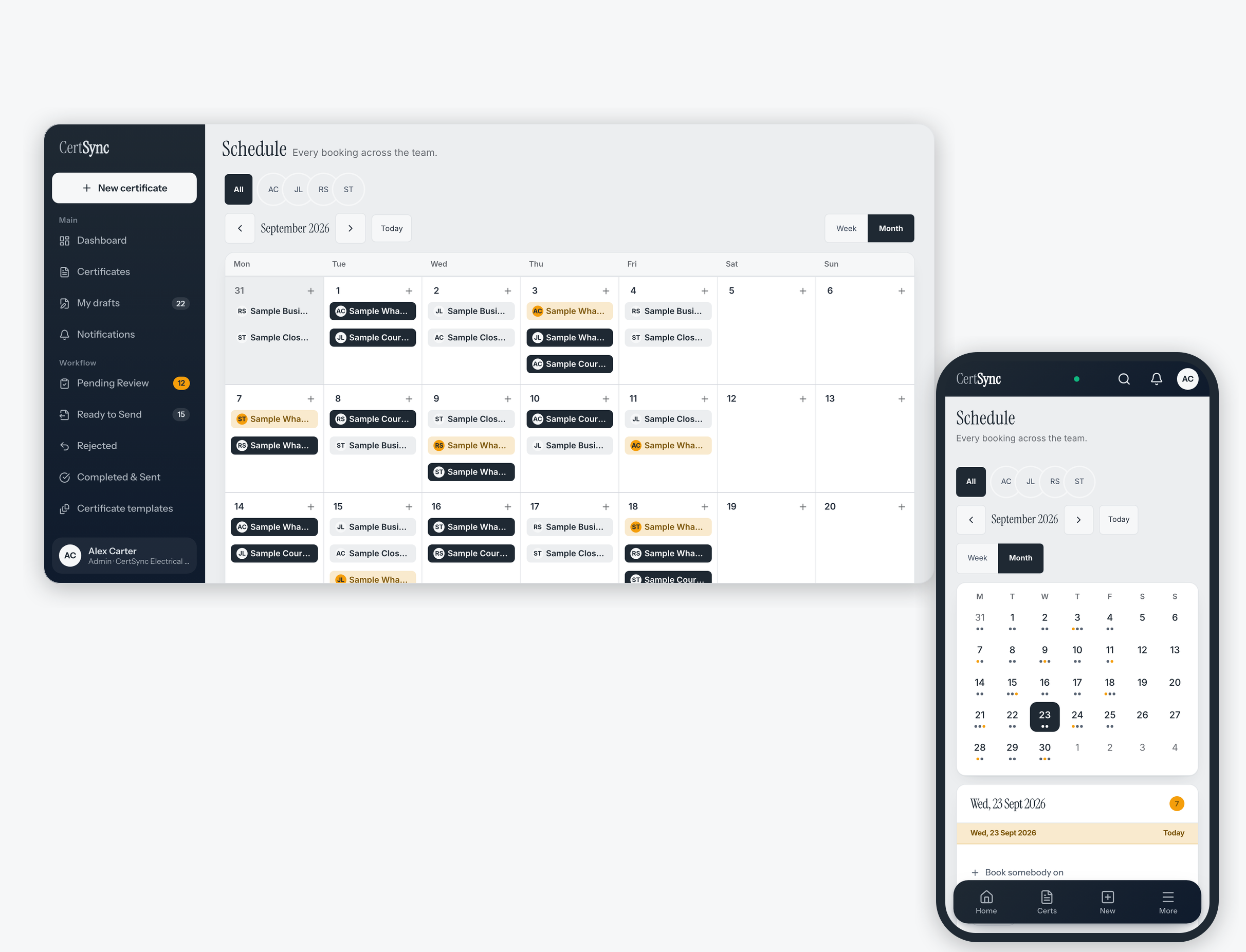 The CertSync team schedule on a laptop and a phone: a week of who is on which job, with days off marked.